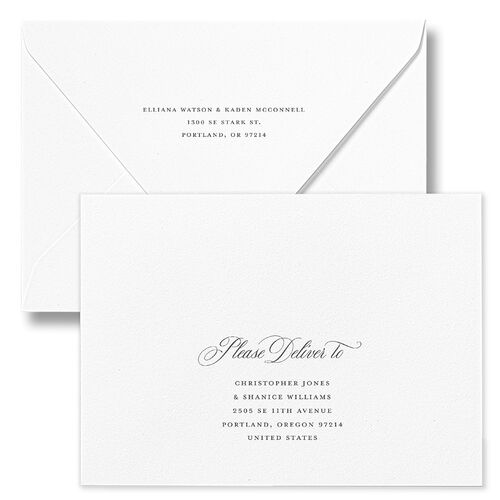 Grand Calligraphy Engagement Party Invitation Euro Envelopes White Medieval Grey Both Recipient and Return Addresses Luxe Signature