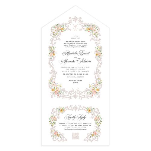 Elegant Floral Regency All-in-One Wedding Invitations Pink Cotton Signature Light Both Recipient and Return Addresses No