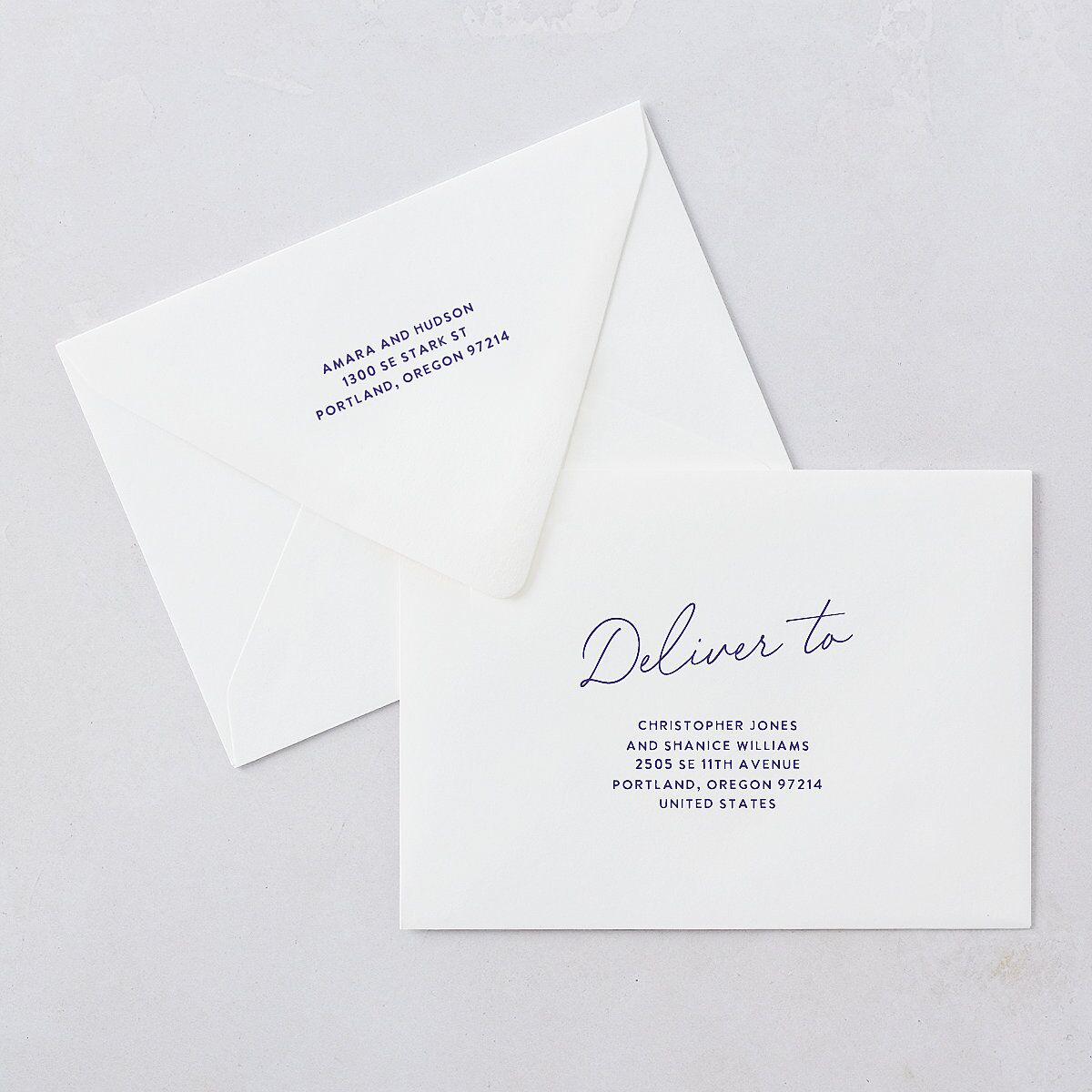 Hand Drawn Wavy Border Wedding Invitation Euro Envelopes White Sapphire Both Recipient and Return Addresses Luxe Signature