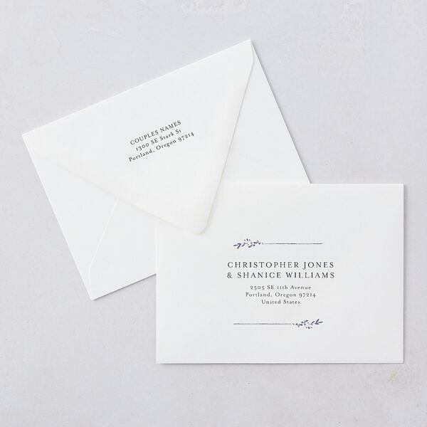 Exquisite Branches Botanical Rehearsal Dinner Invitation Euro Envelopes White Luxe Moody Blue Both Recipient and Return Addresses