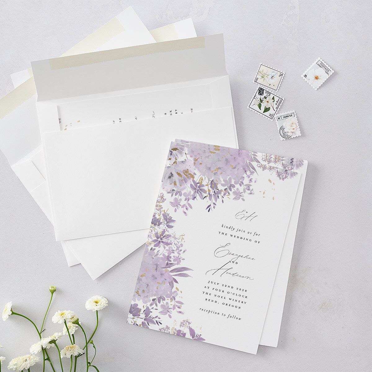 Monochrome Blooms Wedding Invitations Gold Sheer Lilac Signature Blank No Standard