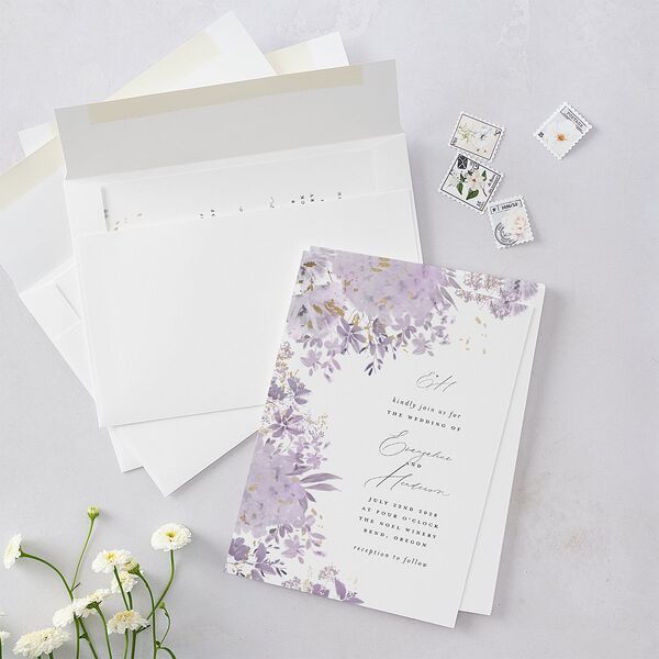 Monochrome Blooms Wedding Invitations Gold Sheer Lilac Signature Blank No Standard