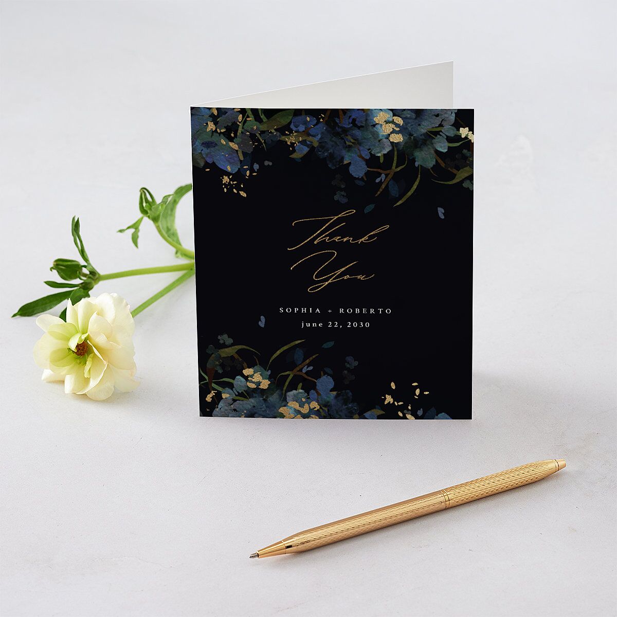 Midnight Floral Thank You Cards Gold Navy