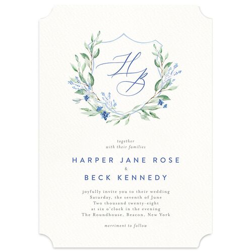Watercolor Crest Wedding Invitations Cornflower Signature Blank No Ticket