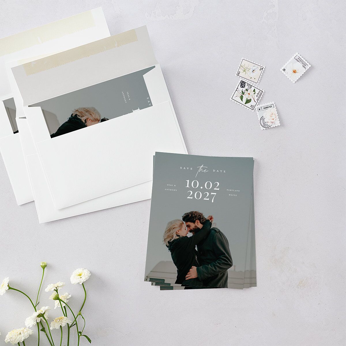 Our Date Photo Save the Date Petite Cards Eucalyptus Signature smooth Blank No Standard