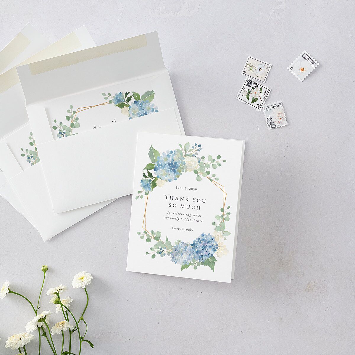 Elegant Hydrangea Bridal Shower Thank You Cards Dusty Blue
