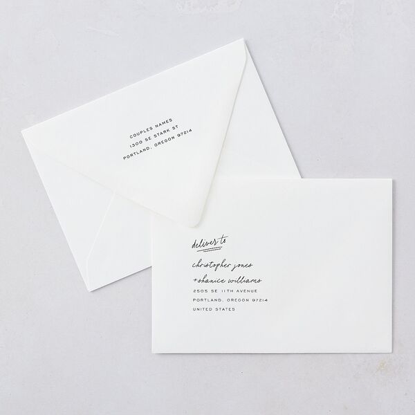 Sunny Day Modern Script Bridal Shower Invitation Euro Envelopes White Pure White Both Recipient and Return Addresses Luxe Signature