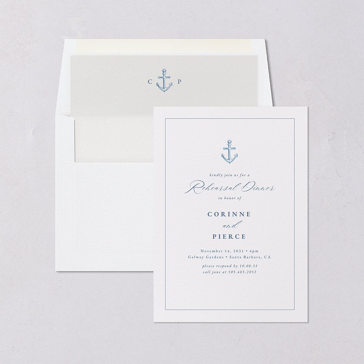 Minimal Icon Rehearsal Dinner Invitations Regency Blue Signature Blank Standard