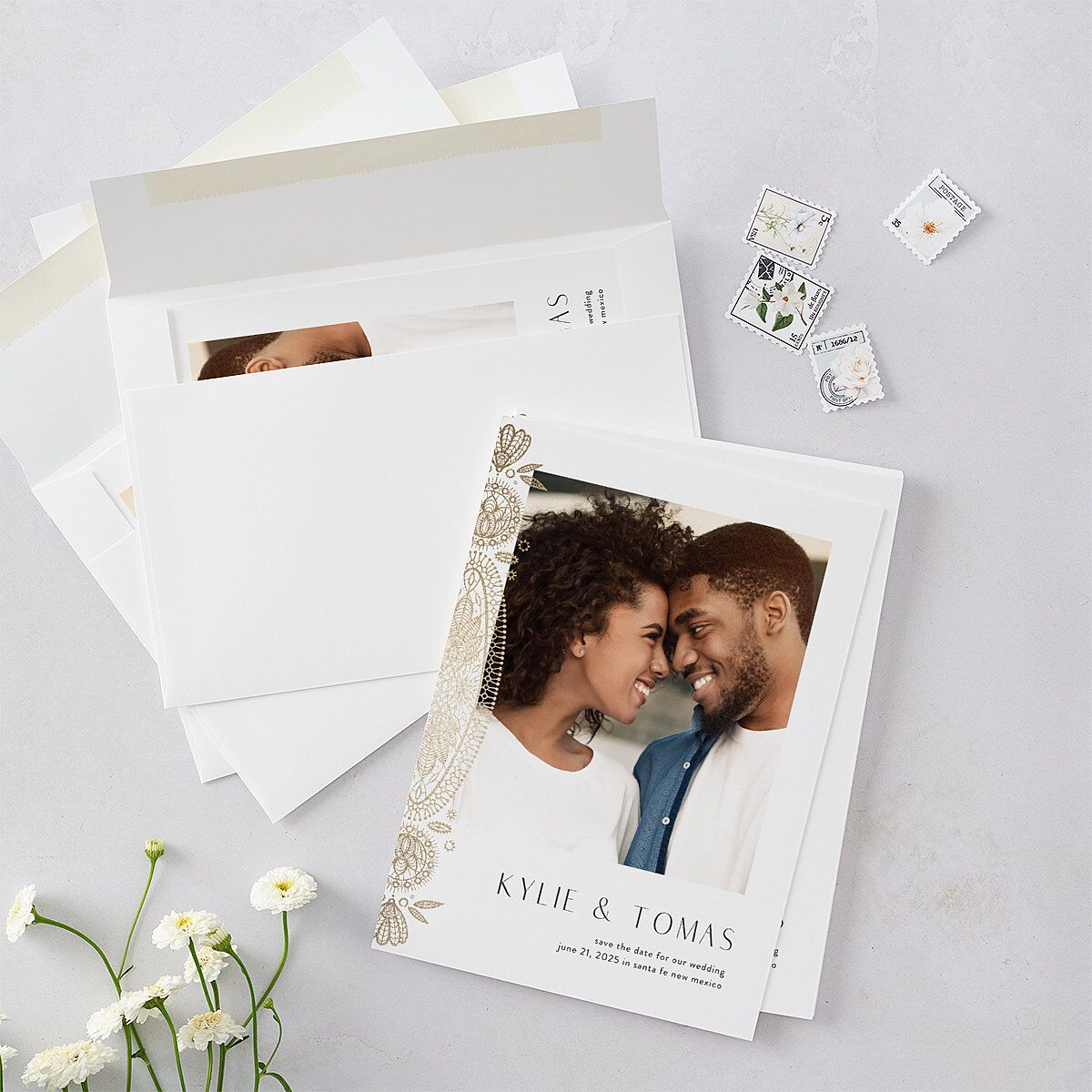 Santa Fe Save The Date Cards Gold Pure White Signature smooth Blank No