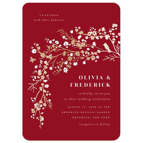 Cherry Blossoms Wedding Invitations Gold Jewel Red Signature Blank No Rounded