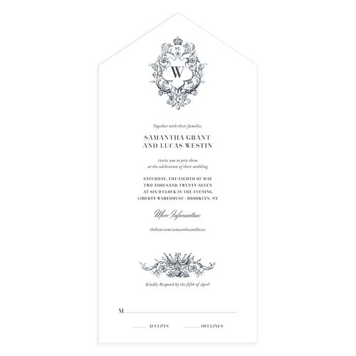 Ornate Vintage Crest All-in-One Wedding Invitations Ice Blue Signature Light Both Recipient and Return Addresses No