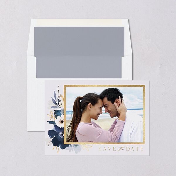 Gilded Blooms Save The Date Cards Gold Regency Blue Signature smooth Blank No Standard