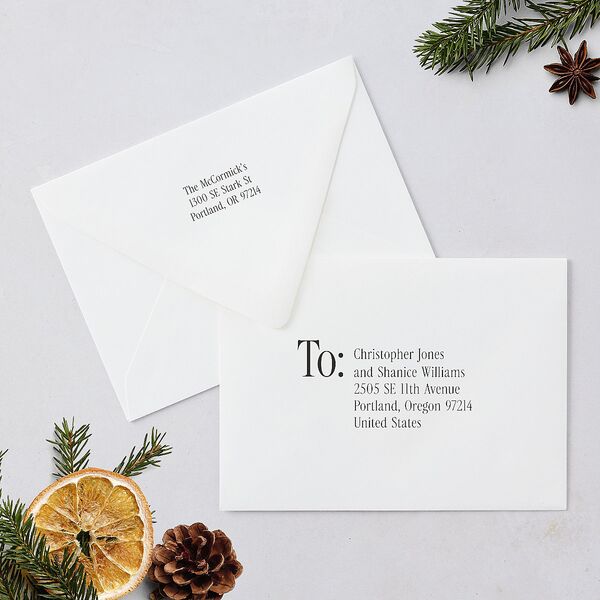Timeless Happy Holiday Photo Holiday Card Euro Envelopes White Pure White Both Recipient and Return Addresses Luxe Signature