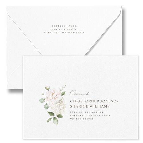 Elegant Peonies and Hydrangeas Wedding Invitation Euro Envelopes White Champagne Recipient Address Luxe Signature