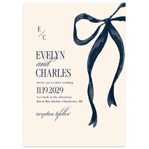 Whimsical Hand Drawn Bow Wedding Invitations Moody Blue Signature Blank No Standard