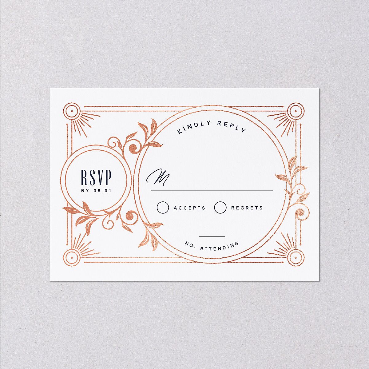 Ornate Elegance Wedding Response Cards Rose Gold Navy Signature