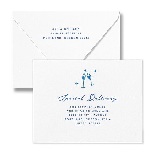 Hand Drawn Cake Bridal Shower Thank You Card Euro Envelopes White French Blue Both Recipient and Return Addresses Luxe Signature