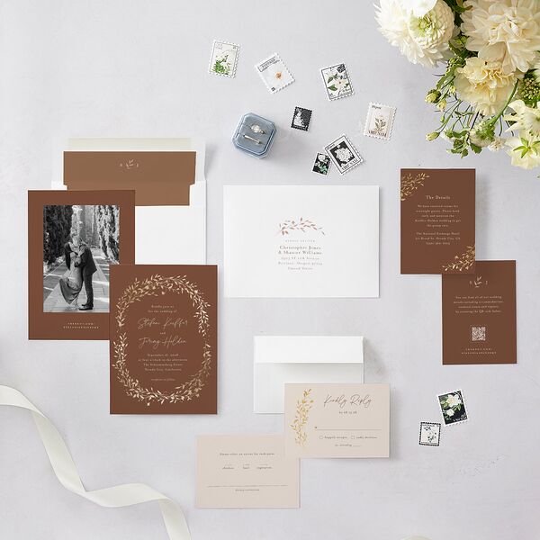 Oval Garland Foil Wedding Invitations Sepia Gold Signature Blank No Standard