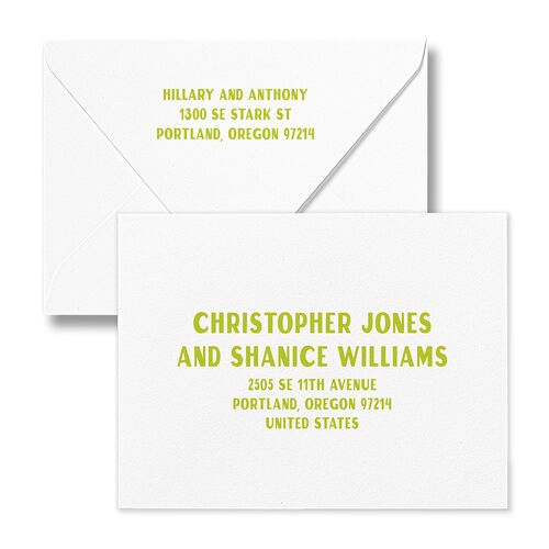 Retro Destination Postcard Inspired Save the Date Petite Card Euro Envelopes White Chartreuse Both Recipient and Return Addresses Luxe Signature