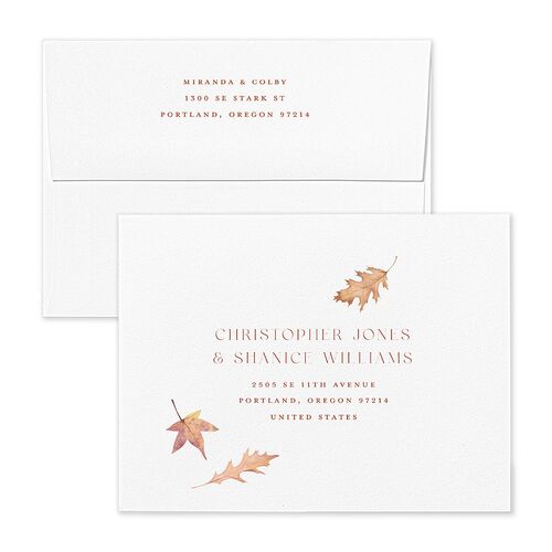 Falling Leaves Save the Date Magnet Envelopes White Copper Recipient Address Signature Standard
