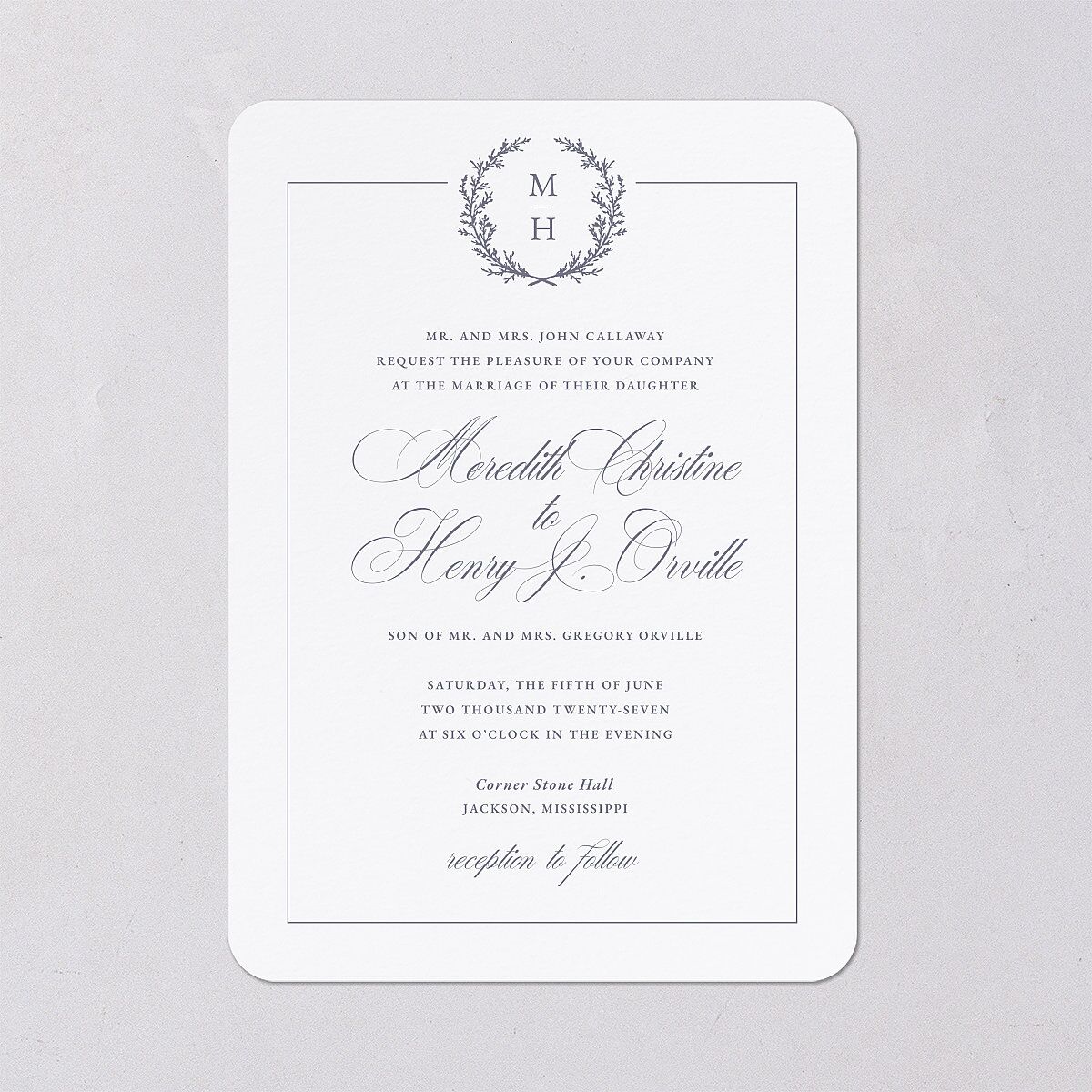 Monogram Branches Botanical Wedding Invitations Regency Blue Signature Blank No Rounded