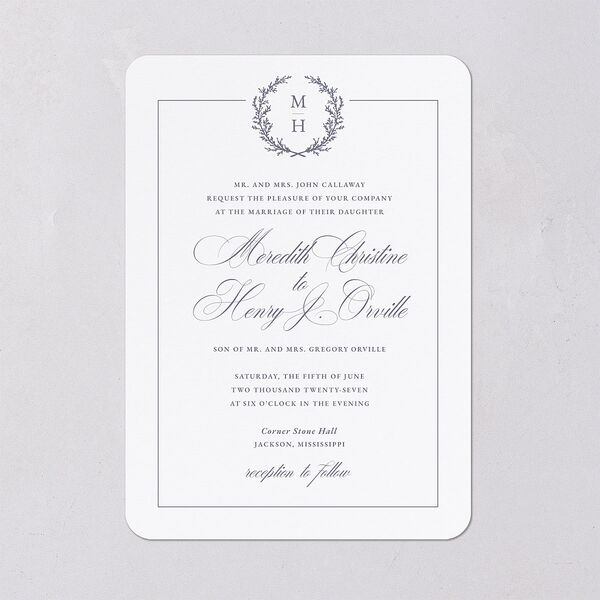 Monogram Branches Botanical Wedding Invitations Regency Blue Signature Blank No Rounded