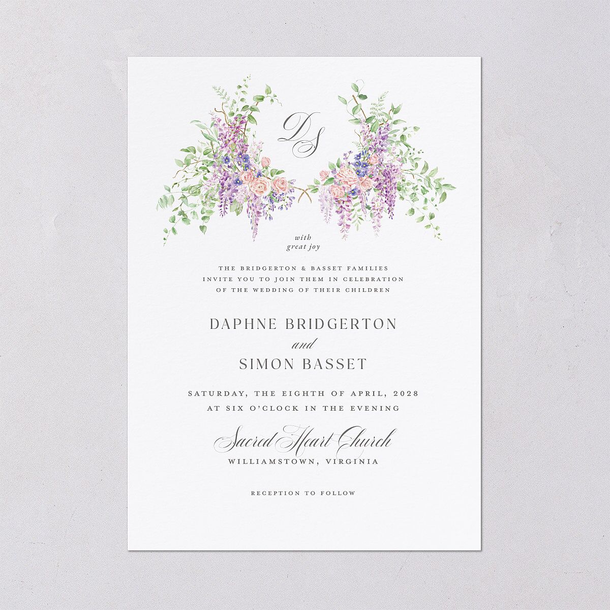 Formal Wisteria Garden Crest Wedding Invitations by Bridgerton — view 2