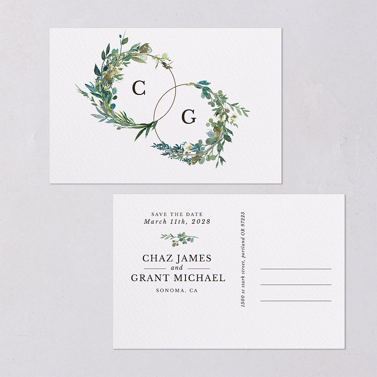 Leafy Hoops Save The Date Postcards — view 1