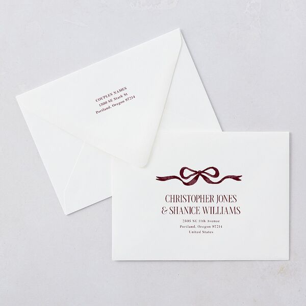 Whimsical Hand Drawn Bow Save The Date Card Euro Envelopes White Burgundy Both Recipient and Return Addresses Luxe Signature