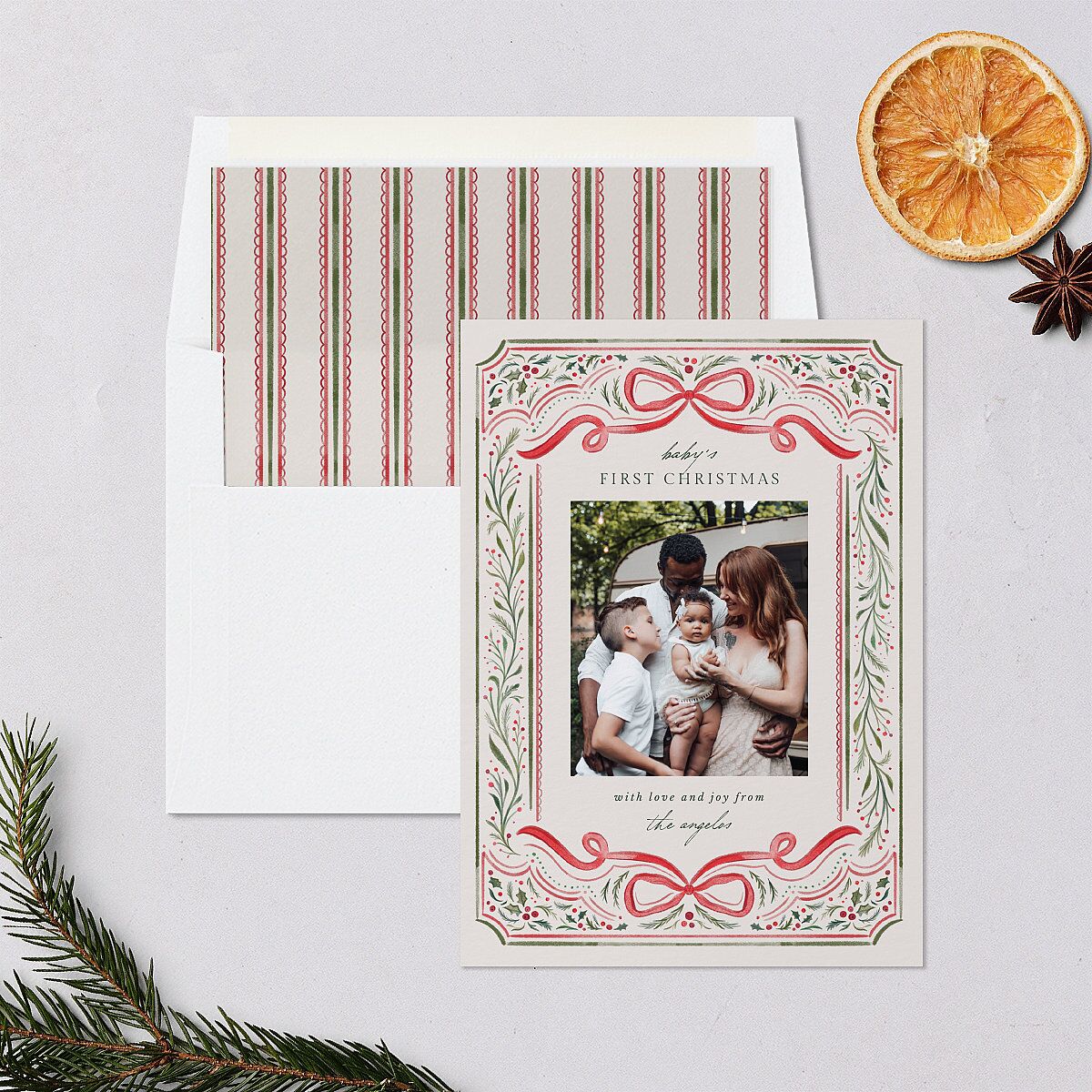Baby's First Christmas Bow Garland Holiday Cards Ruby Signature Blank Portrait Standard