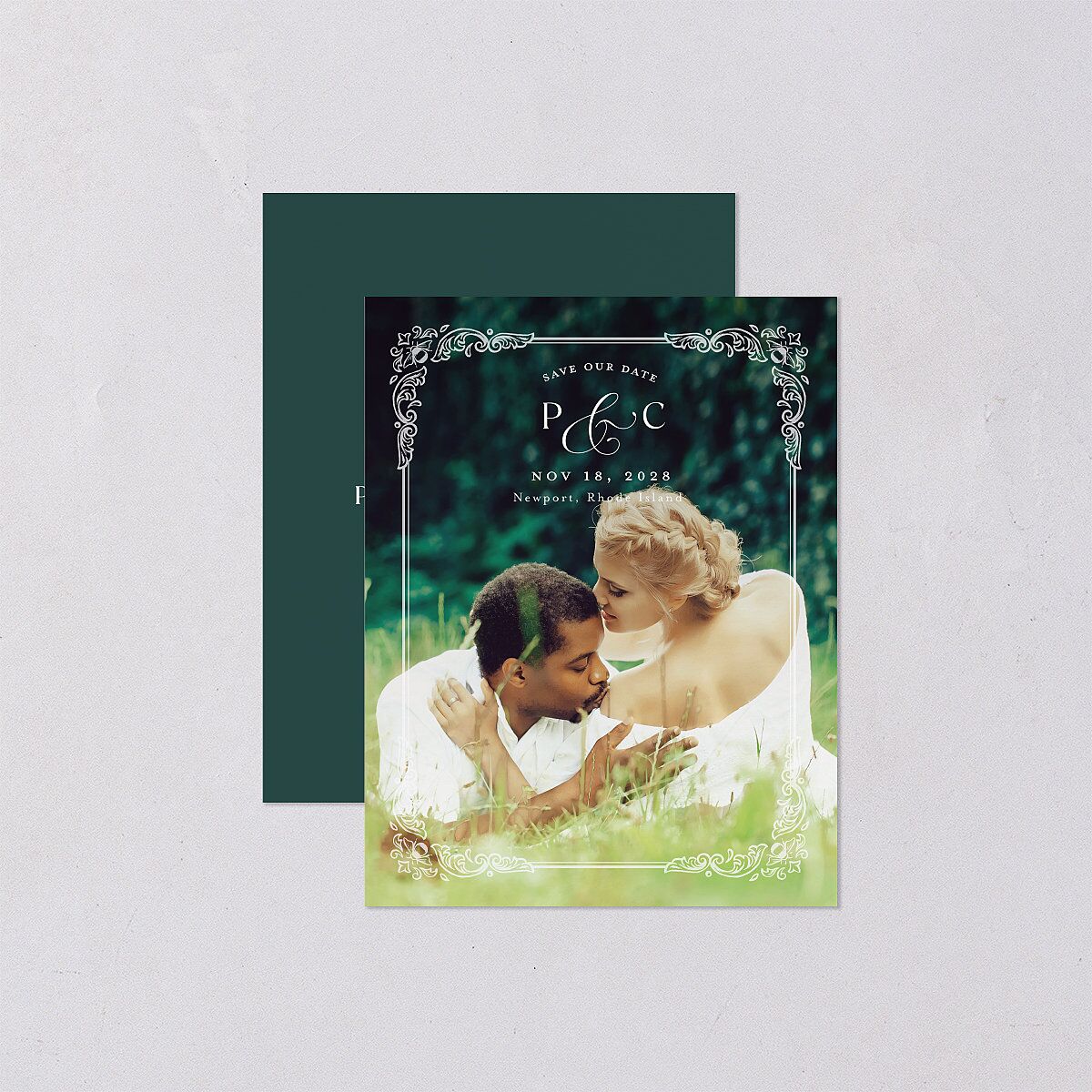Glamorous Crown Monogram Crest Save the Date Petite Cards by Bridgerton Deep Lake Signature smooth Blank No Standard