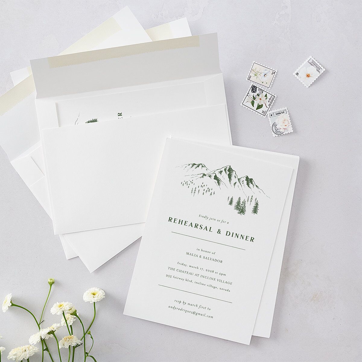 Etched Mountains Rehearsal Dinner Invitations Hunter Green Signature Blank