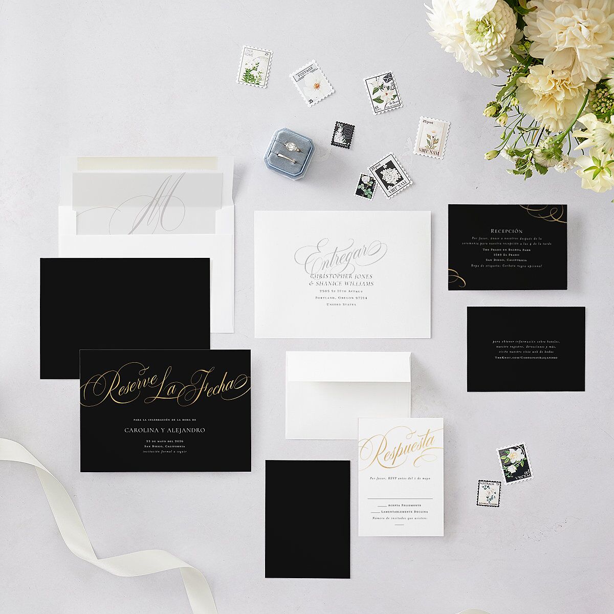Nuestra Boda Save The Date Cards Gold Charcoal Signature smooth Blank No Standard
