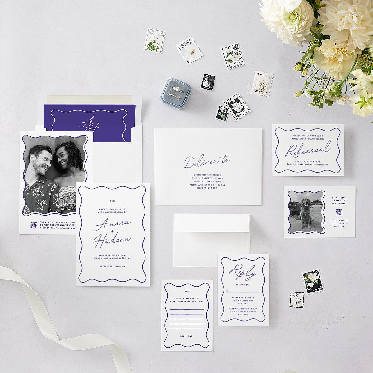 Hand Drawn Wavy Border Wedding Invitations Sapphire Signature Blank No Standard