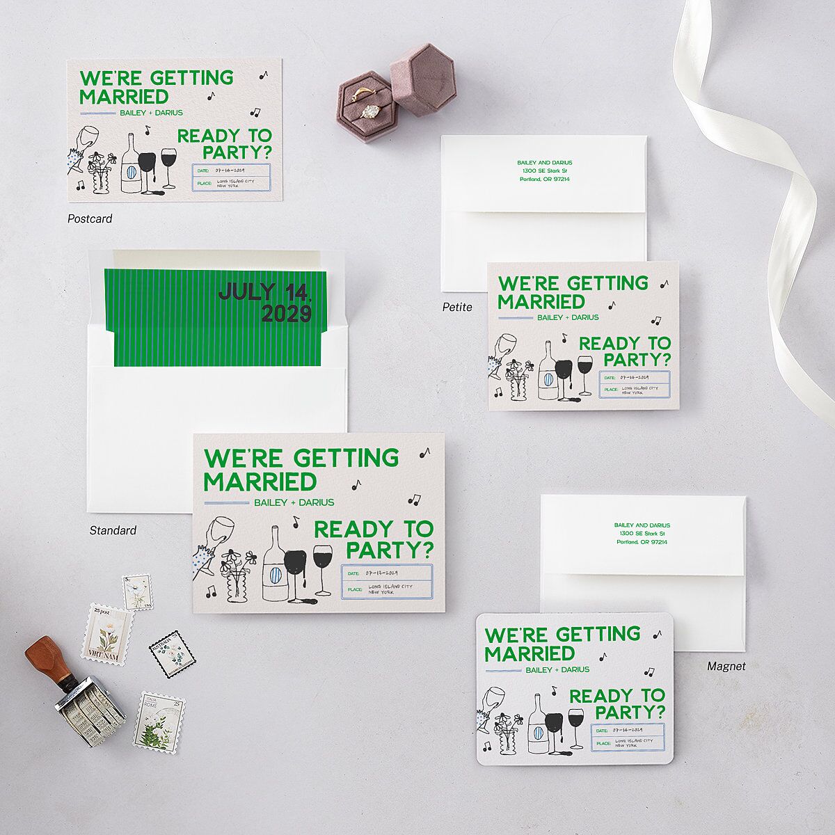 Hand Drawn Party Save the Date Postcards Jewel Green