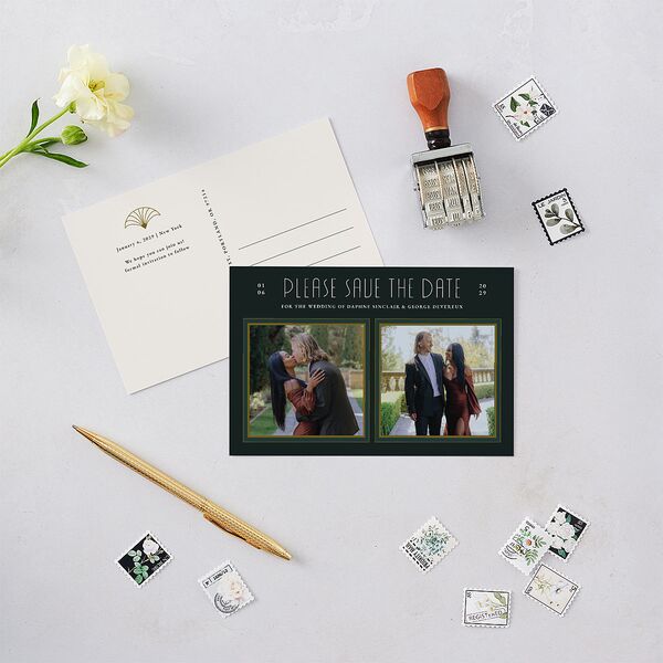 Gatsby Deco Arch Save the Date Postcards Dark Emerald