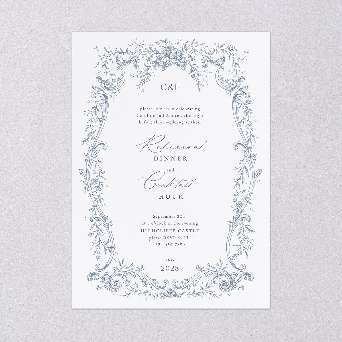 Antique Victorian Botanical Rehearsal Dinner Invitations Dusty Blue Signature Blank Standard