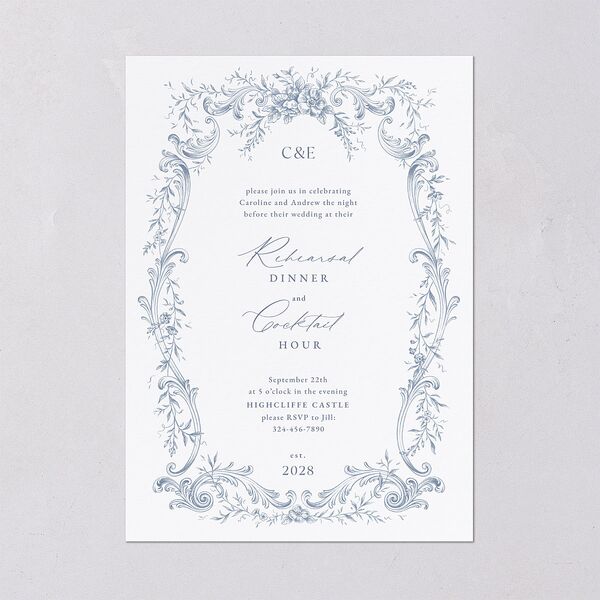 Antique Victorian Botanical Rehearsal Dinner Invitations Dusty Blue Signature Blank Standard