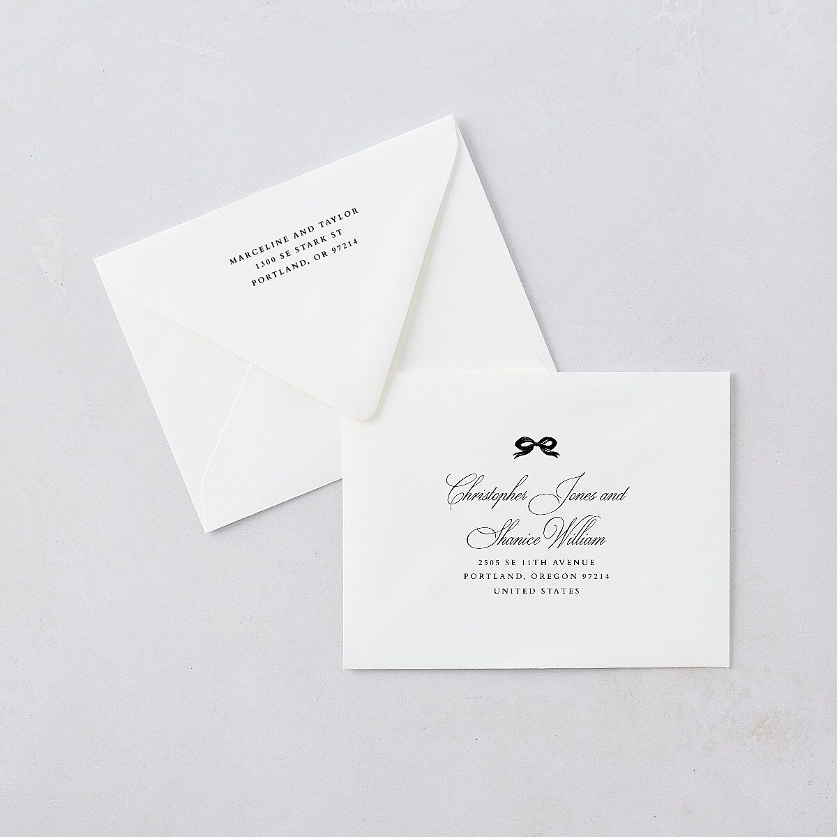 Classic Champagne with Bows Save the Date Petite Card Euro Envelopes White Pure White Both Recipient and Return Addresses Luxe Signature
