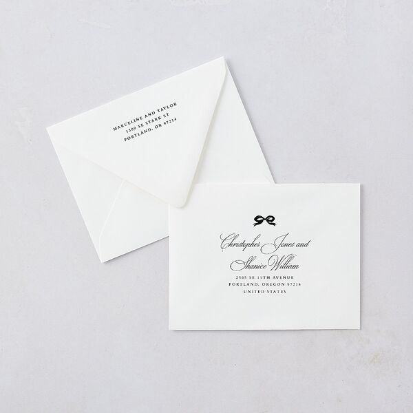 Classic Champagne with Bows Save the Date Petite Card Euro Envelopes White Pure White Both Recipient and Return Addresses Luxe Signature