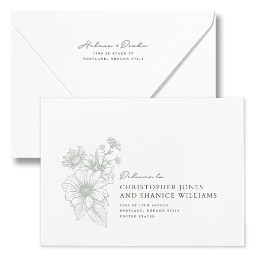 Rustic Botanical Frame Wedding Invitation Euro Envelopes Moss White Both Recipient and Return Addresses Luxe Signature