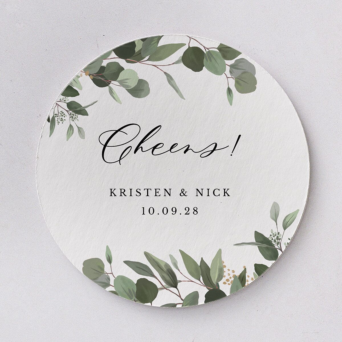 Eucalyptus Frame Wedding Day Coaster Pure White Cardboard Circle