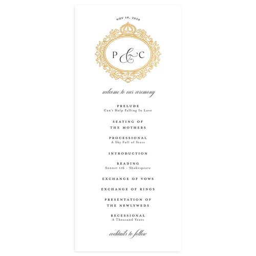 Glamorous Crown Monogram Crest Wedding Programs by Bridgerton Gold Pure White Signature
