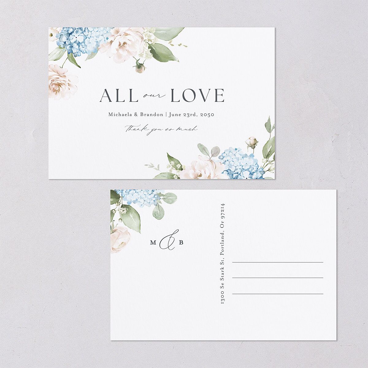 Elegant Peonies and Hydrangeas Thank You Postcards Baby Blue