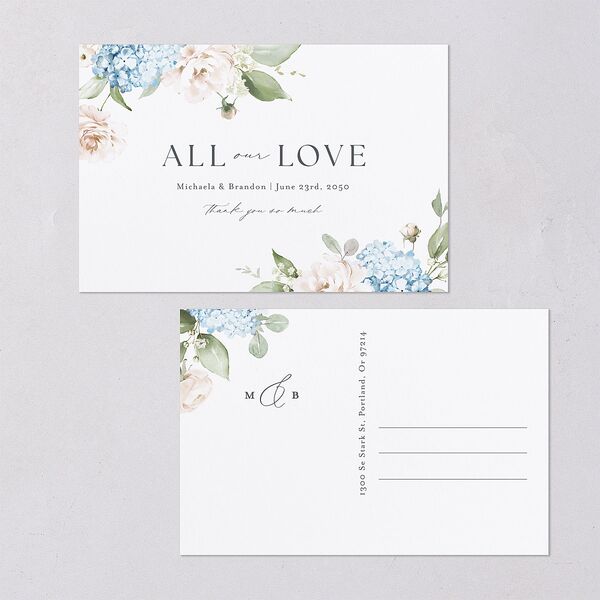 Elegant Peonies and Hydrangeas Thank You Postcards Baby Blue
