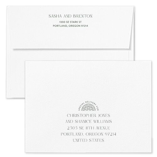 Chapel Arch Save The Date Card Envelopes Terracotta Hunter Green Both Recipient and Return Addresses Signature Standard