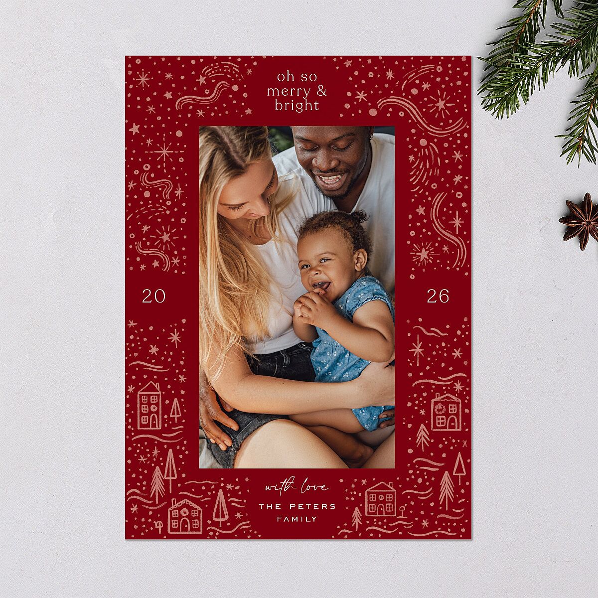 Illustrated Winter Frame Holiday Cards Jewel Red Signature Blank Standard Portrait