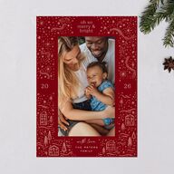 Illustrated Winter Frame Holiday Cards Jewel Red Signature Blank Standard Portrait