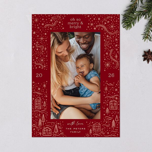 Illustrated Winter Frame Holiday Cards Jewel Red Signature Blank Standard Portrait