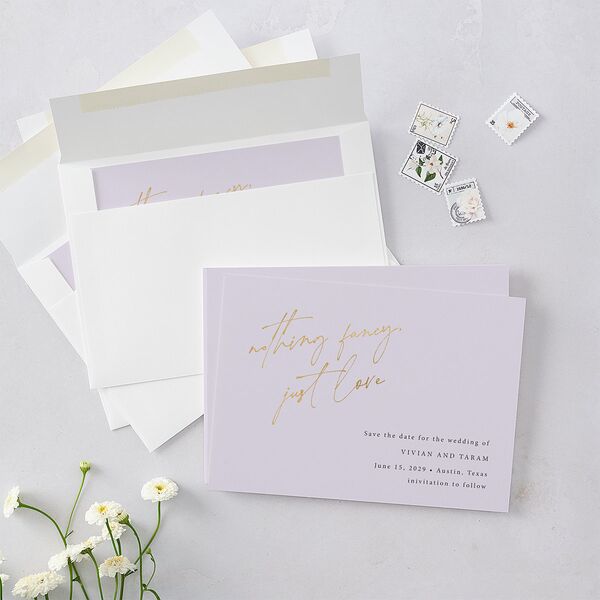 Just Love Save the Date Cards Gold Sheer Lilac Signature smooth Blank No Standard
